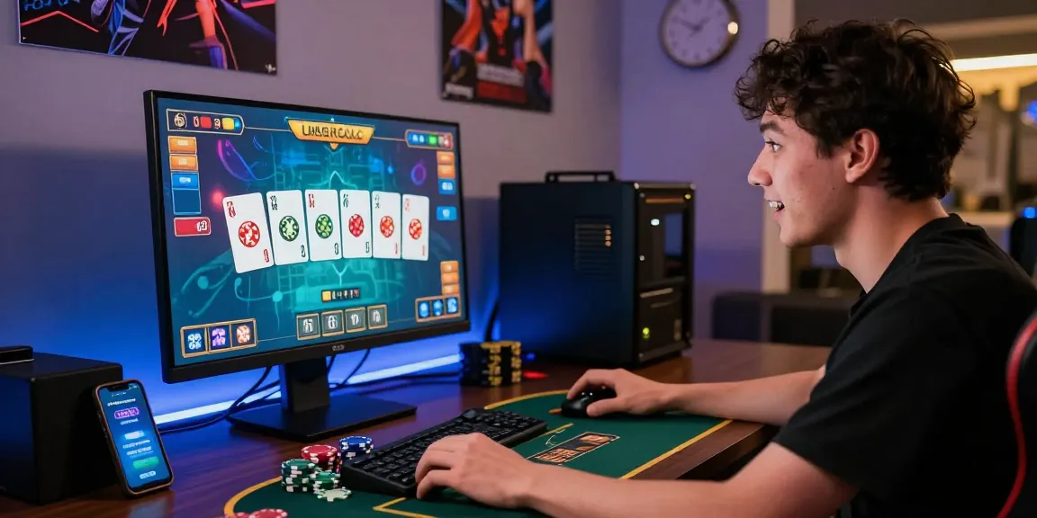 Player engaging with rikvip online gaming interface, showcasing excitement in a vibrant gaming room.
