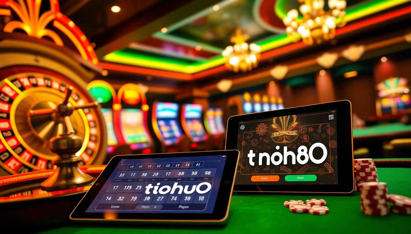 Tai nohu90 online casino interface showcasing vibrant slot machines and poker tables.