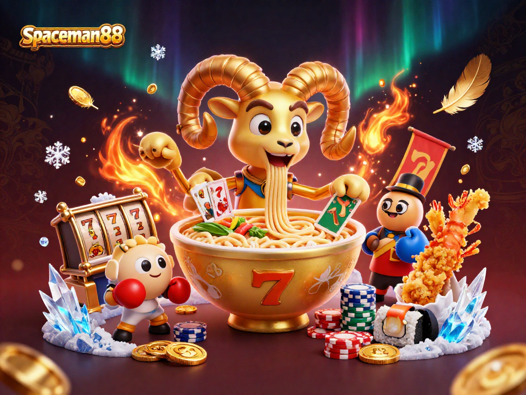 Engage with spaceman88 through vibrant slot gameplay featuring a golden ramen bowl dealer surrounded by exciting game elements.