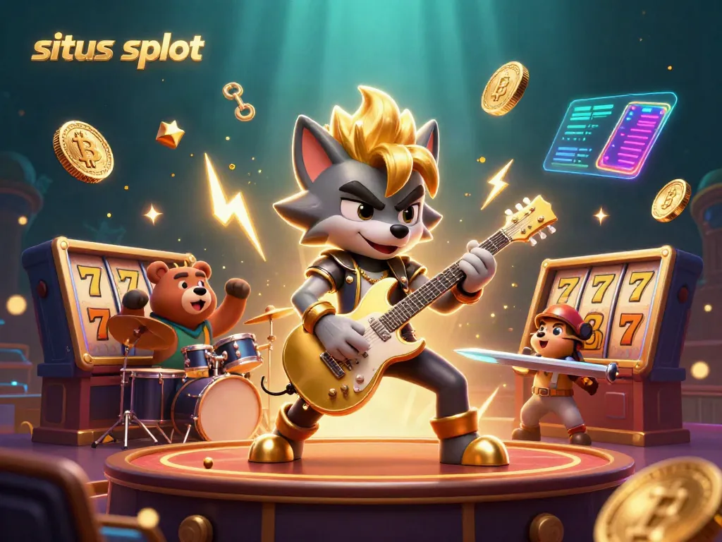 Engage with the electrifying world of situs slot featuring a rock star wolf and drummer bear on a vibrant casino stage.