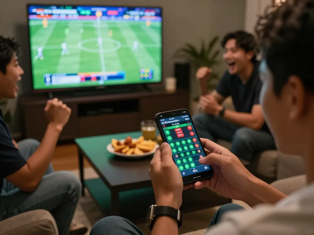 Person engaging in kèo nhà cái sports betting on smartphone during a live match with friends.