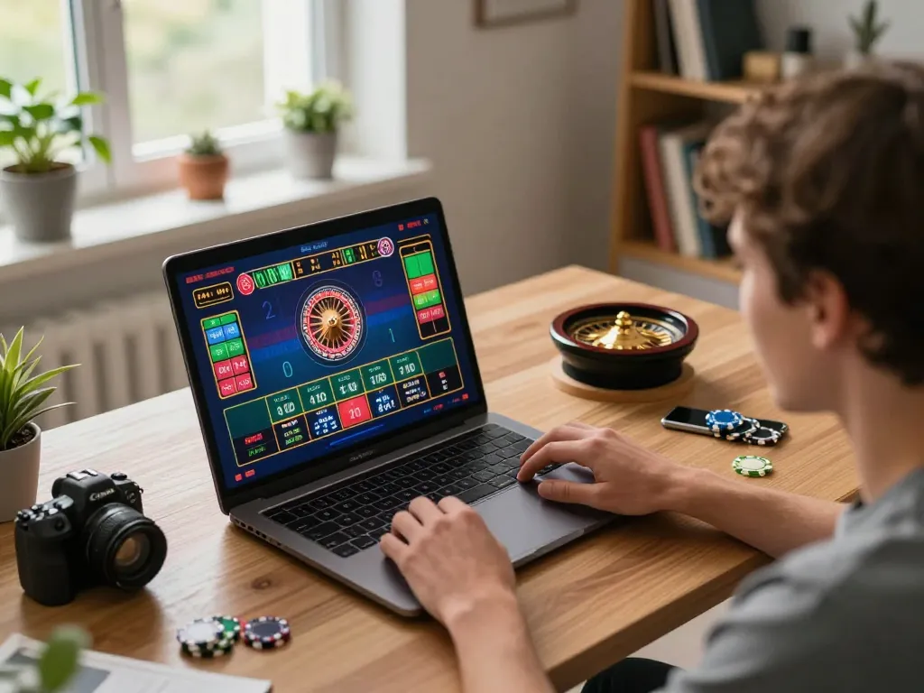 Experience the thrill of dh88 roulette gameplay in a cozy home setting with a modern laptop.