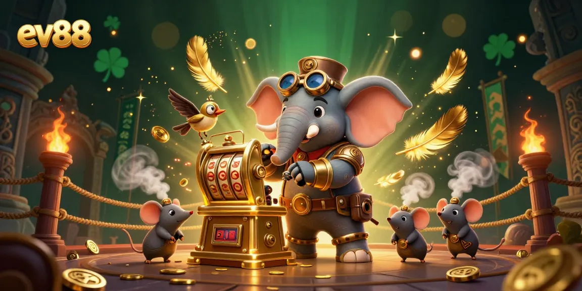 Spin to win at ev88 with a steampunk elephant operating a golden slot machine amid vibrant gambling elements.
