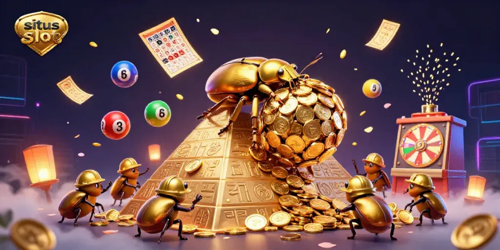 Situs slot promotes excitement with a golden beetle rolling coins and dynamic lottery elements.
