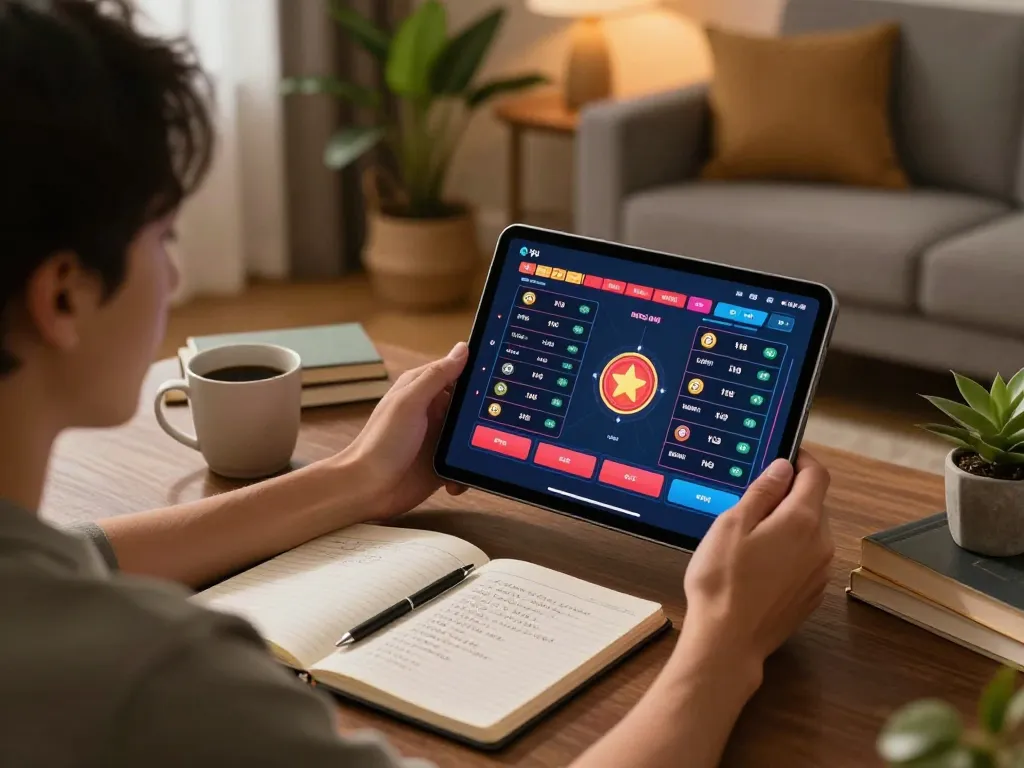 Enjoying đánh lô đề online with a tablet in a cozy living room during a gambling session.