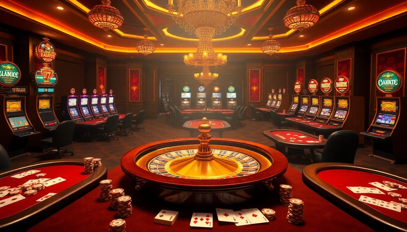 Engaging scene of lavish casino activities at nhà cái rr88 with poker tables and roulette.