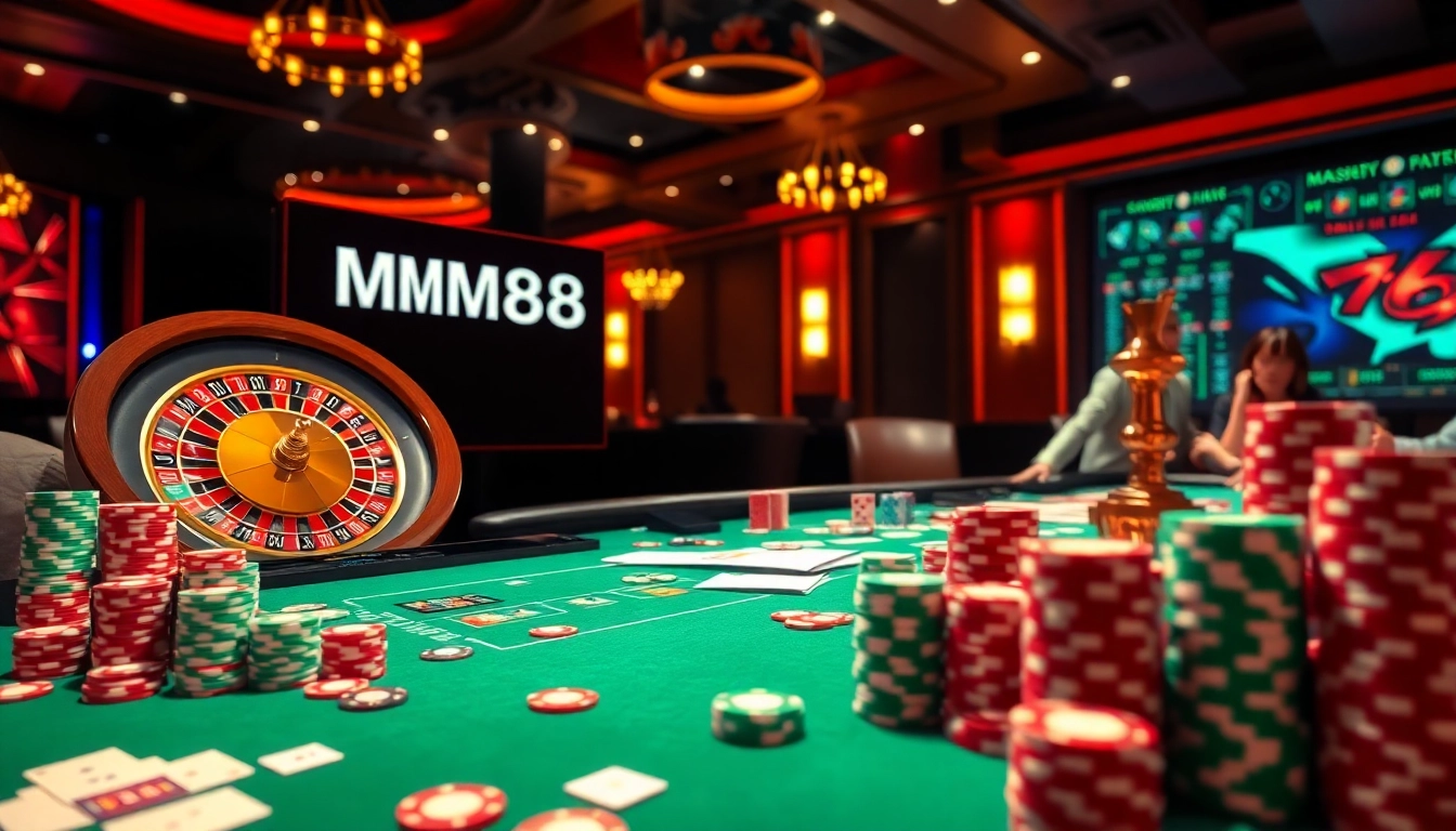 Engaging roulette game scene capturing MM88's online casino excitement with vibrant chips and cards.