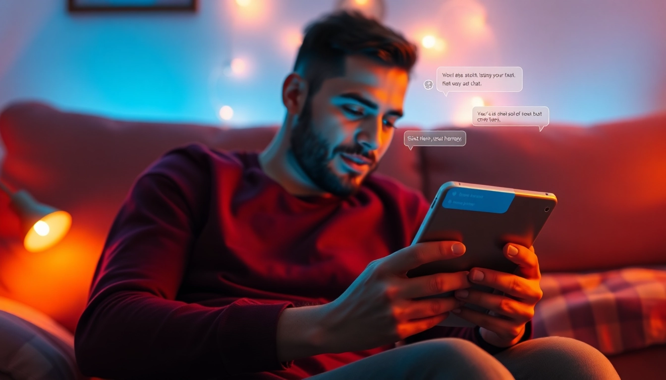 Engaging sex ai chat on a tablet, showcasing a digital romantic interaction with warm lighting.