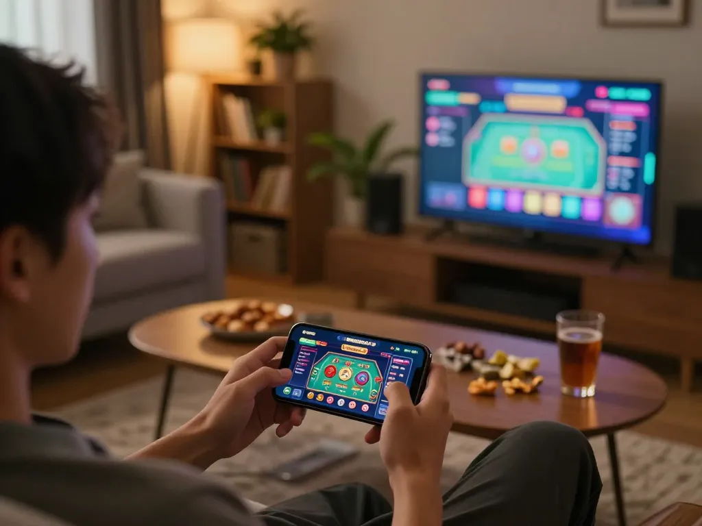 Engaged player enjoying kubet app on smartphone in a cozy home gaming setup