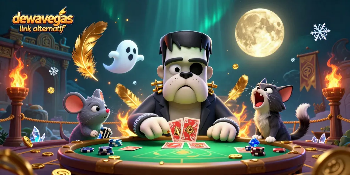 Engage with the thrilling baccarat experience at DEWAVEGAS link alternatif amidst a vibrant, immersive casino scene featuring iconic characters.