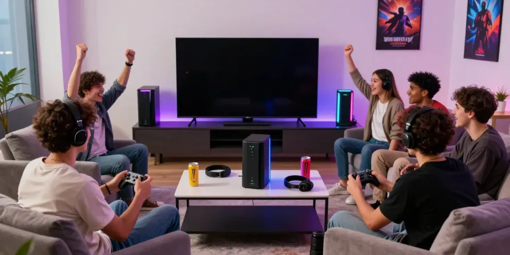 A80 website gaming lounge with enthusiasts playing and cheering, vibrant atmosphere.