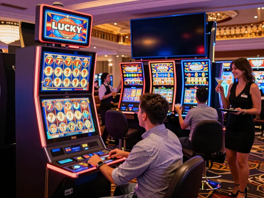 Exciting gameplay at Lucky777 casino featuring vibrant slot machines and cheering players