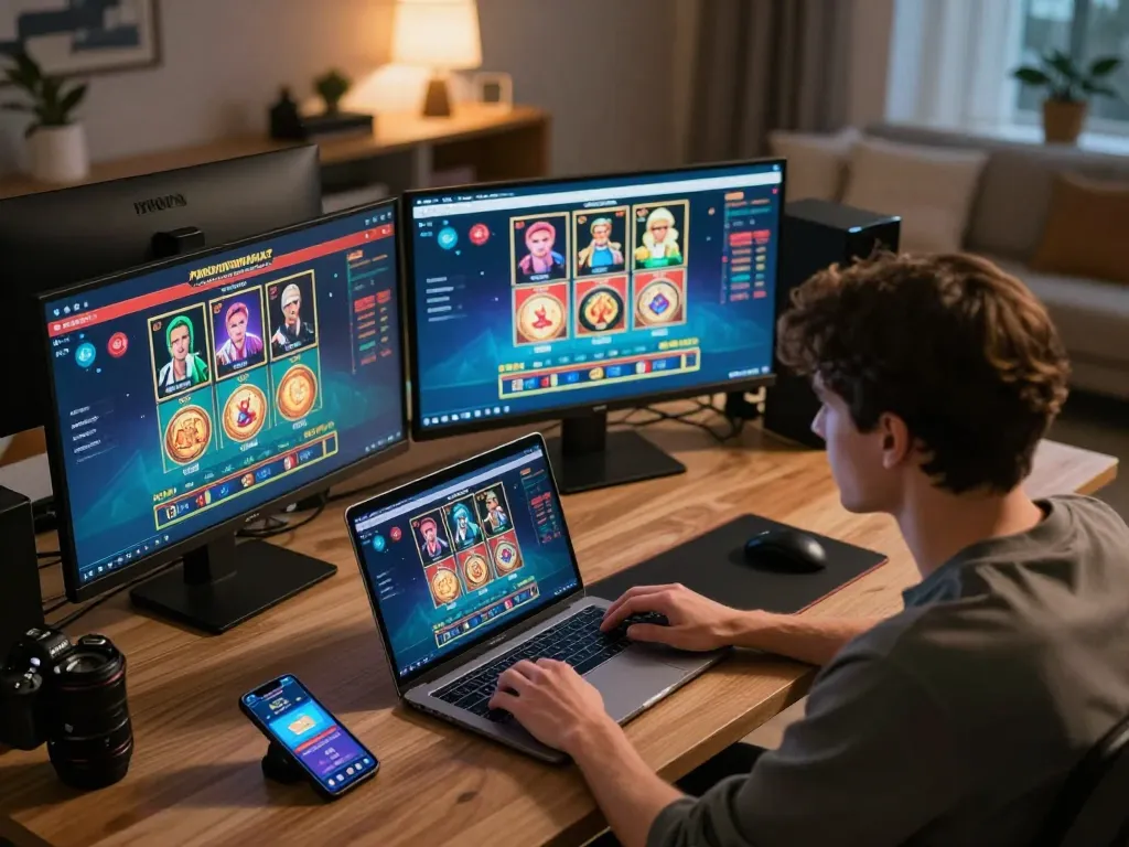 Engaging gameplay at 888NEW online casino on multiple screens in a stylish home office.