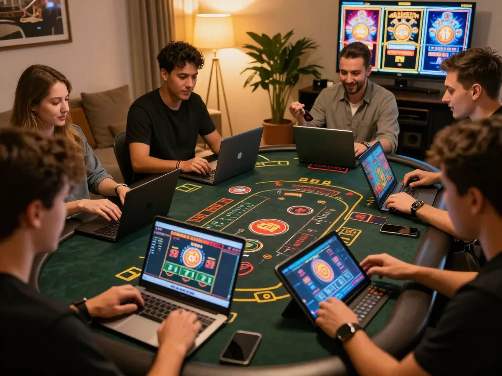 Players enjoying aman788 slot gacor at home online with laptops and tablets, celebrating wins and strategies.
