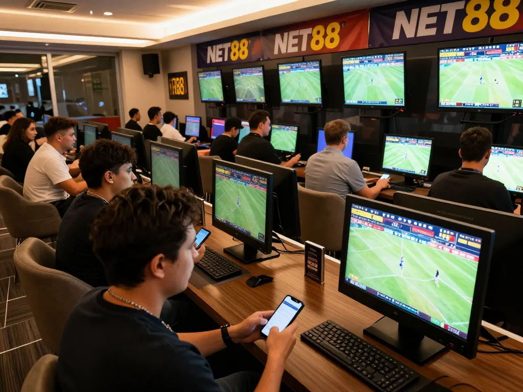 Engaged bettors placing live sports wagers with NET88 prominently featured in an upscale lounge