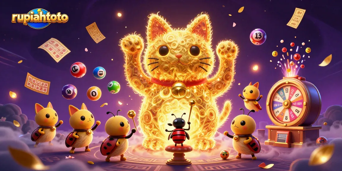 Menyaksikan kucing keberuntungan rupiahtoto yang dikelilingi elemen kasino dan bola lotere warna-warni, menciptakan suasana menang yang menyenangkan.