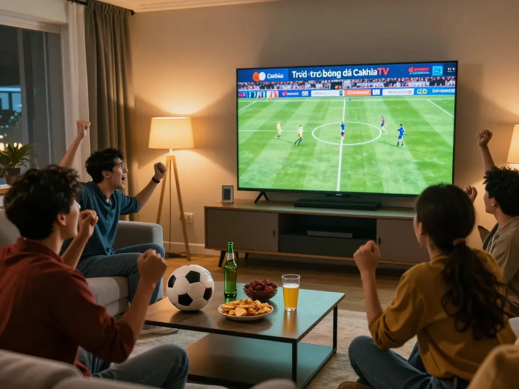 Experience live football with friends using Trực tiếp bóng đá CakhiaTV on a big screen in a cozy living room.