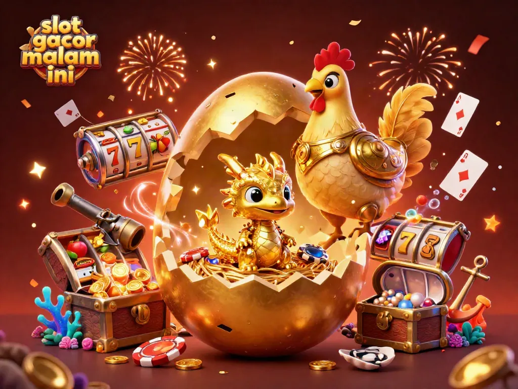 Memenangkan slot gacor malam ini dengan karakter kartun ceria yang mengeluarkan kejutan emas di atas tumpukan chip poker.