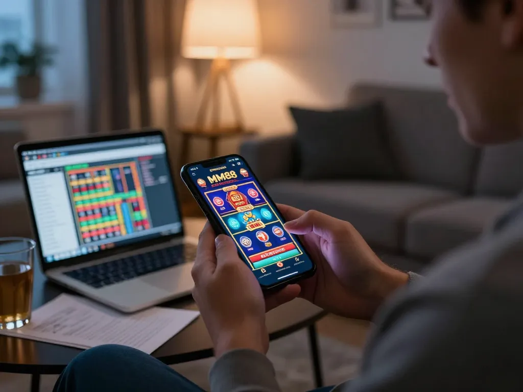 Player engaging on the MM88 casino app on smartphone in a cozy home setting.