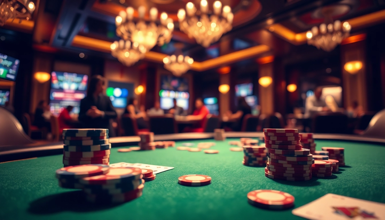 Experience a thrilling Casino ambiance with a vibrant poker table and colorful chips.