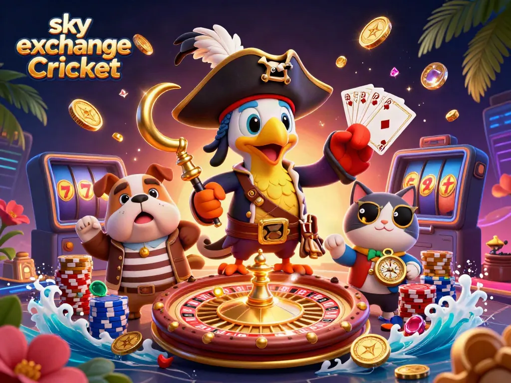 Engage in sky exchange Cricket with dynamic betting, showcasing lively characters and casino game elements.