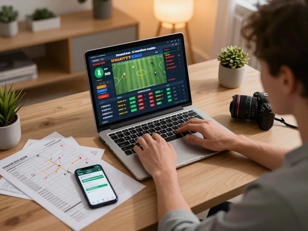 Engaging online sports betting scene at https://goal123.ac/ with a focused player analyzing live match odds on laptop.