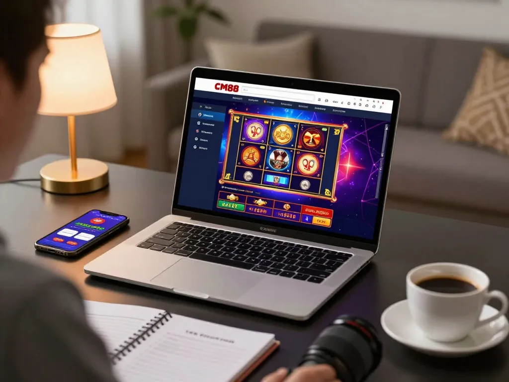 Enjoy a thrilling gaming experience with CM 88 on a sleek laptop, showcasing vibrant online slots and live dealer games.