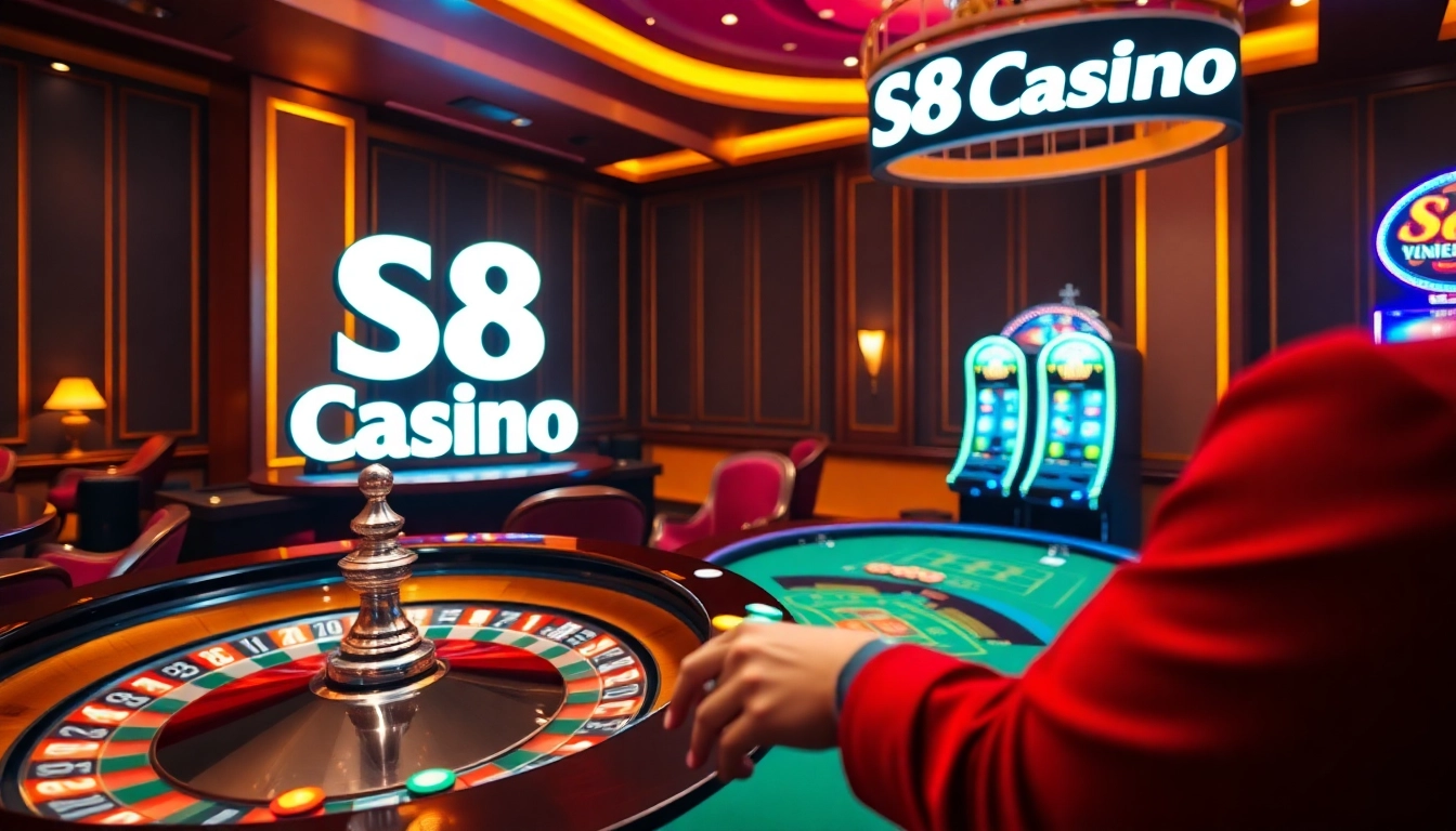 S8 Casino player placing bets at an elegant roulette table in a vibrant gambling atmosphere.