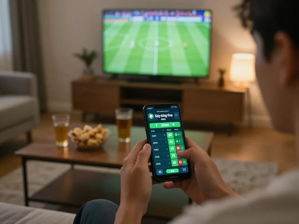 Betting on kèo bóng đá hôm nay in a cozy living room using a smartphone, crafting a strategic football wager