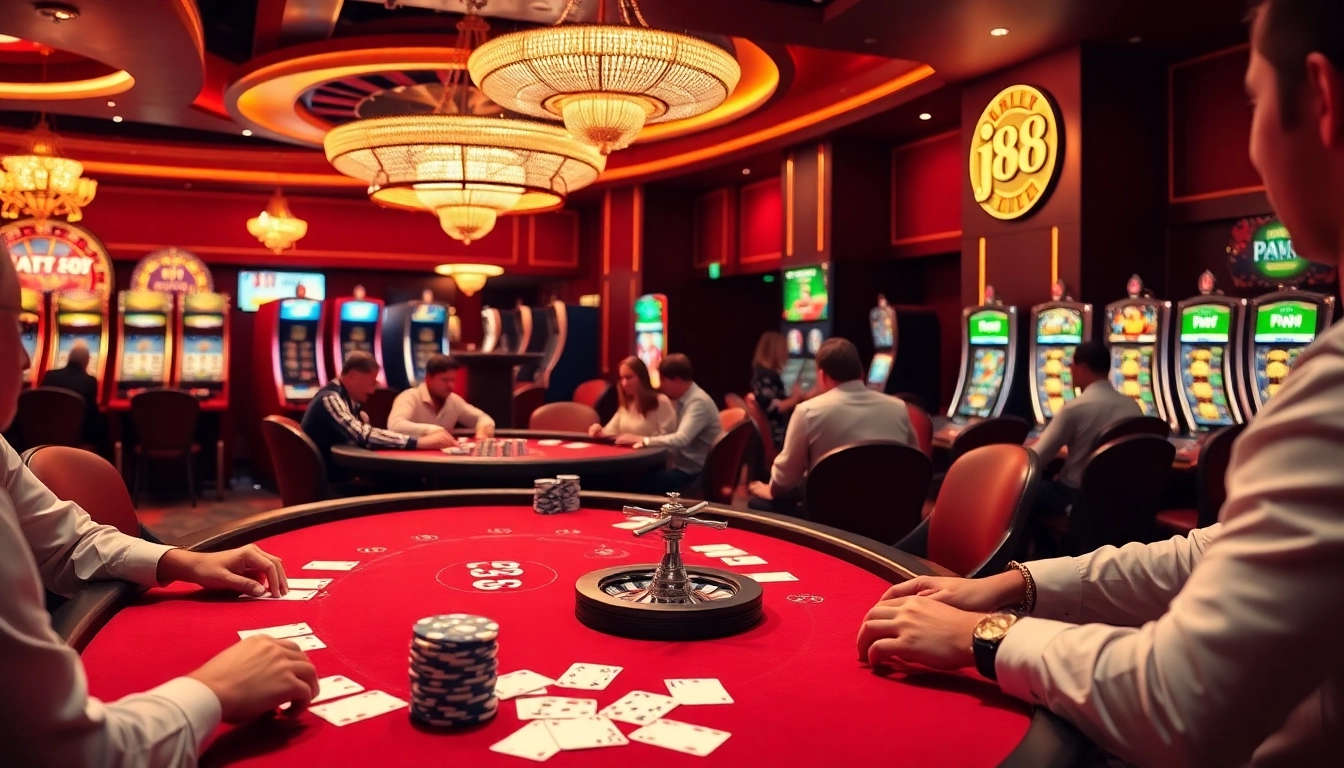 Players engaging at a lively j88 poker table, surrounded by vibrant casino visuals.