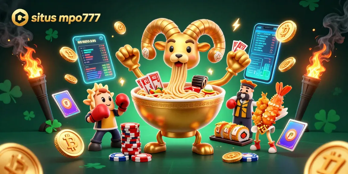 Engage with situs mpo777, a vibrant online slot scene featuring animated food characters and crypto coins.