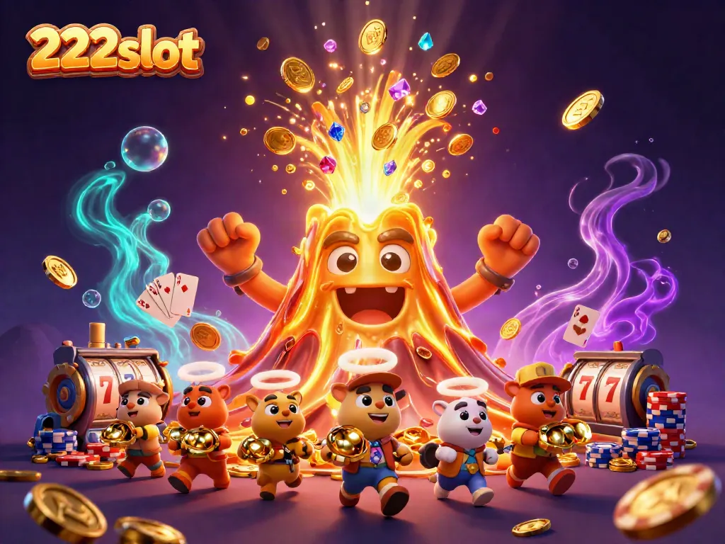 Gali harta karun di 222slot dengan gunung berapi emas yang mengalirkan koin dan permata.