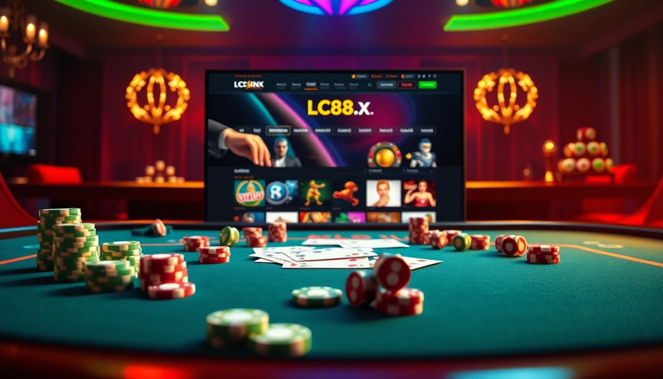 Experience the excitement of online gambling with https://lc88x.com/ showcasing casino tables, poker chips, and vibrant gameplay.
