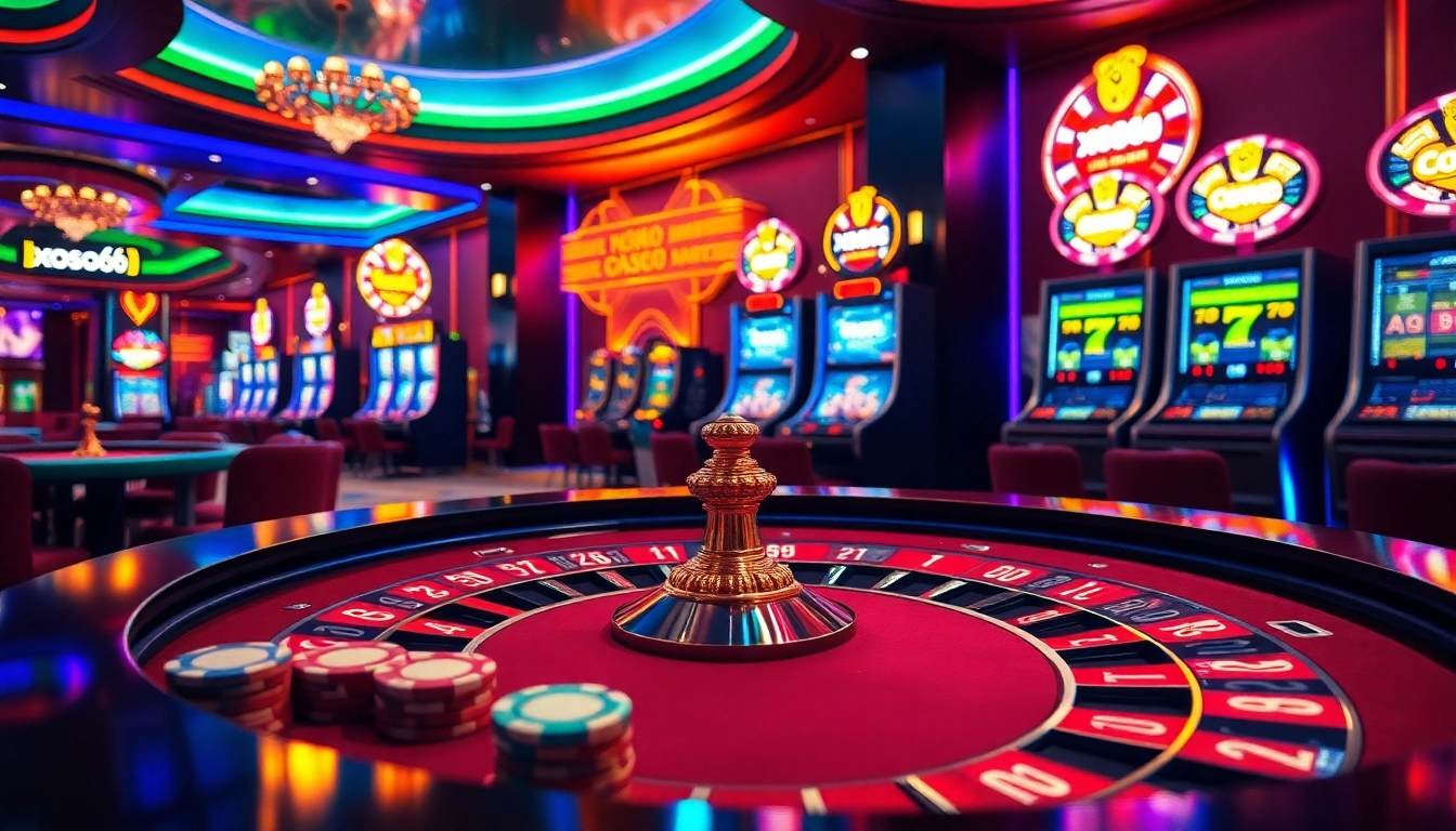 Engage in thrilling gameplay at xoso66 with vibrant casino elements like roulette and slot machines.