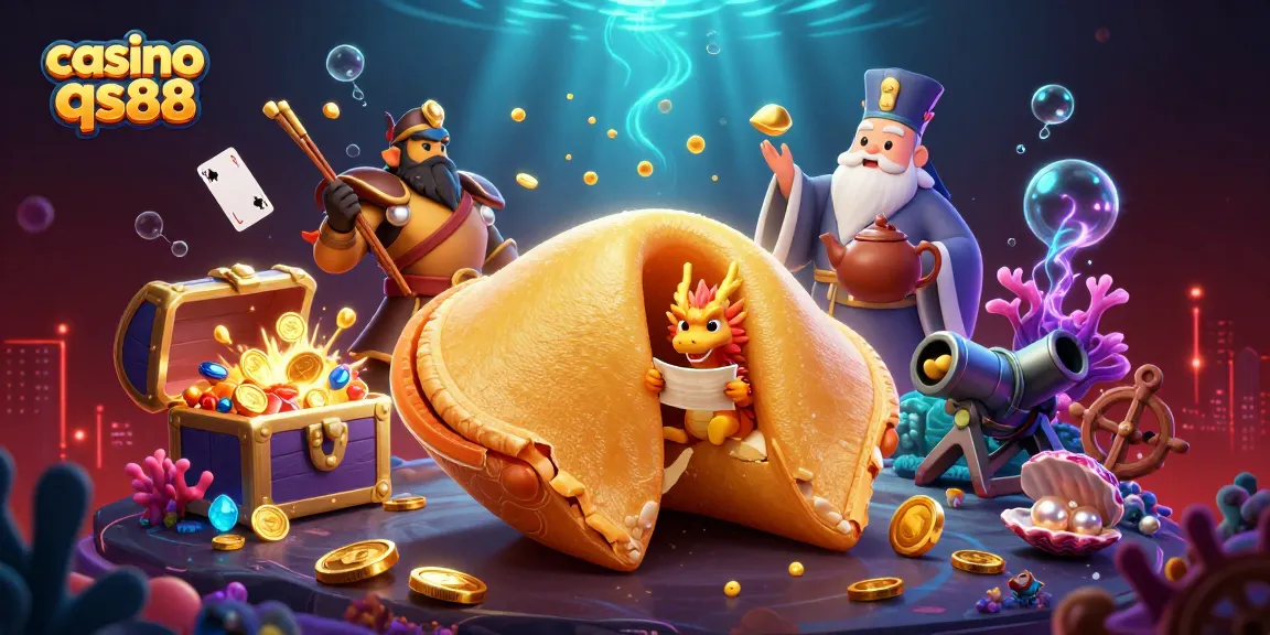 Khám phá casino qs88 với một hình ảnh nghệ thuật thể hiện một chiếc bánh quy may mắn vàng và rồng nhỏ.