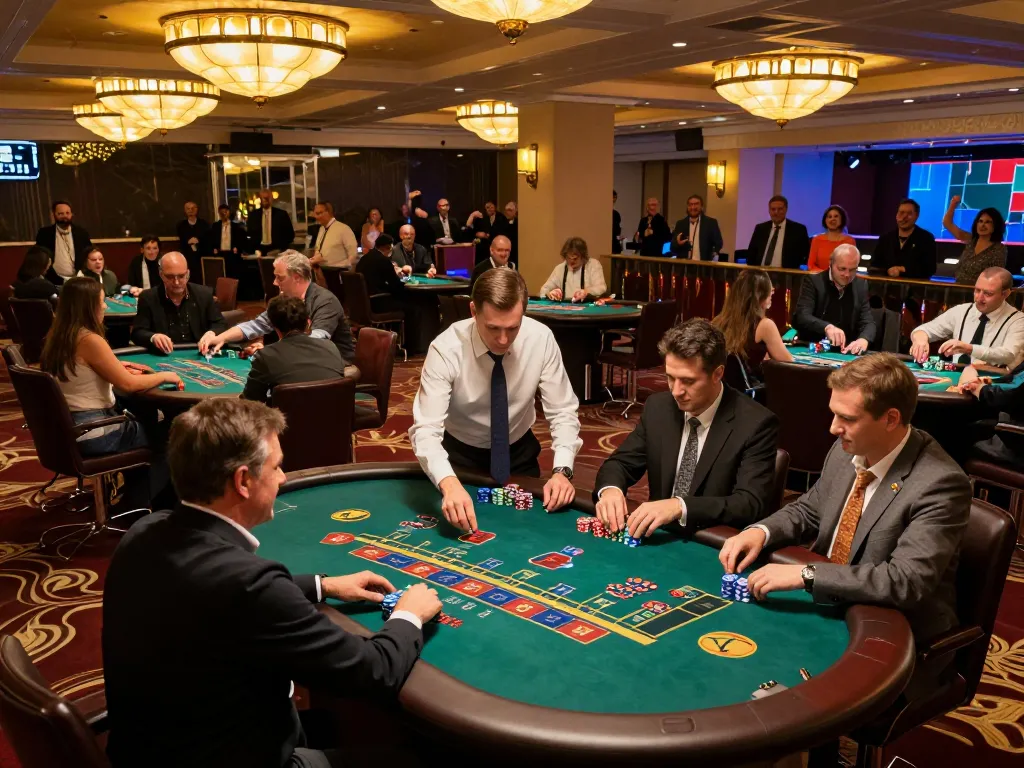 Players engaging at Go8 tables during a vibrant casino night, showcasing intense gameplay.