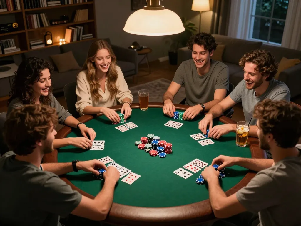 Friends enjoying a poker night at home, actively strategizing and playing cards for fun with ok8386a.