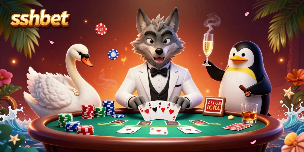 Engage in thrilling card games at sshbet with a sophisticated wolf, swan, and penguin in a lively casino scene.