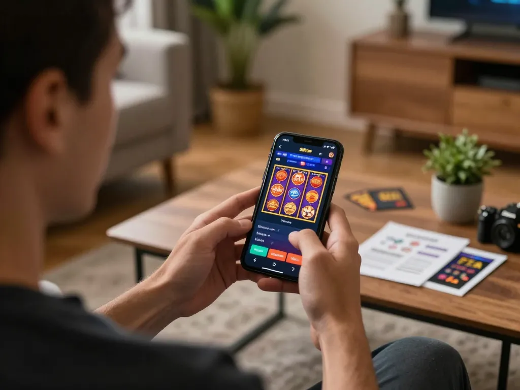 Player experiencing ph365.cx on smartphone, enjoying slots in a cozy living room.