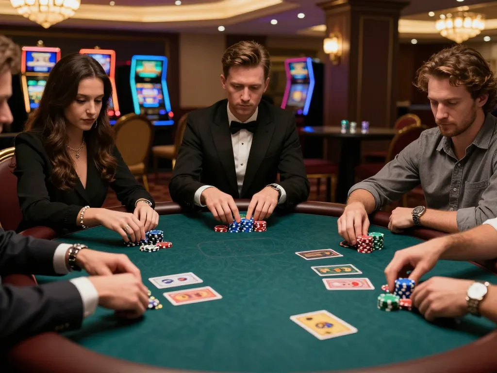 Players strategizing intensely at badak178 poker table with vibrant chips and community cards.