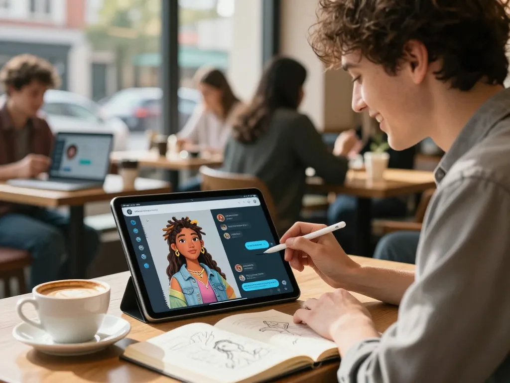 Interactive scene of a young adult using a 18+ AI platform in a cozy café, customizing avatars with vibrant features.