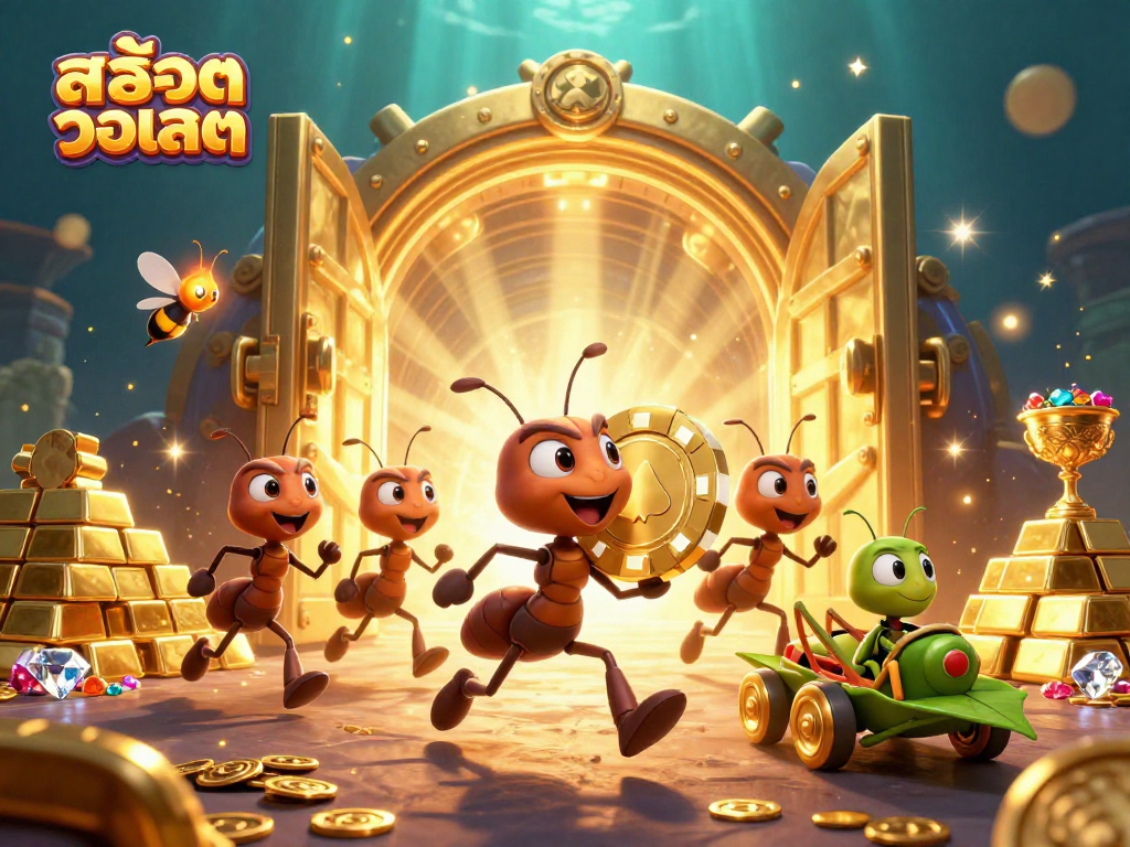 Play exciting สล็อตวอเลท games with 3D animated ants carrying a giant poker chip through a treasure tunnel.
