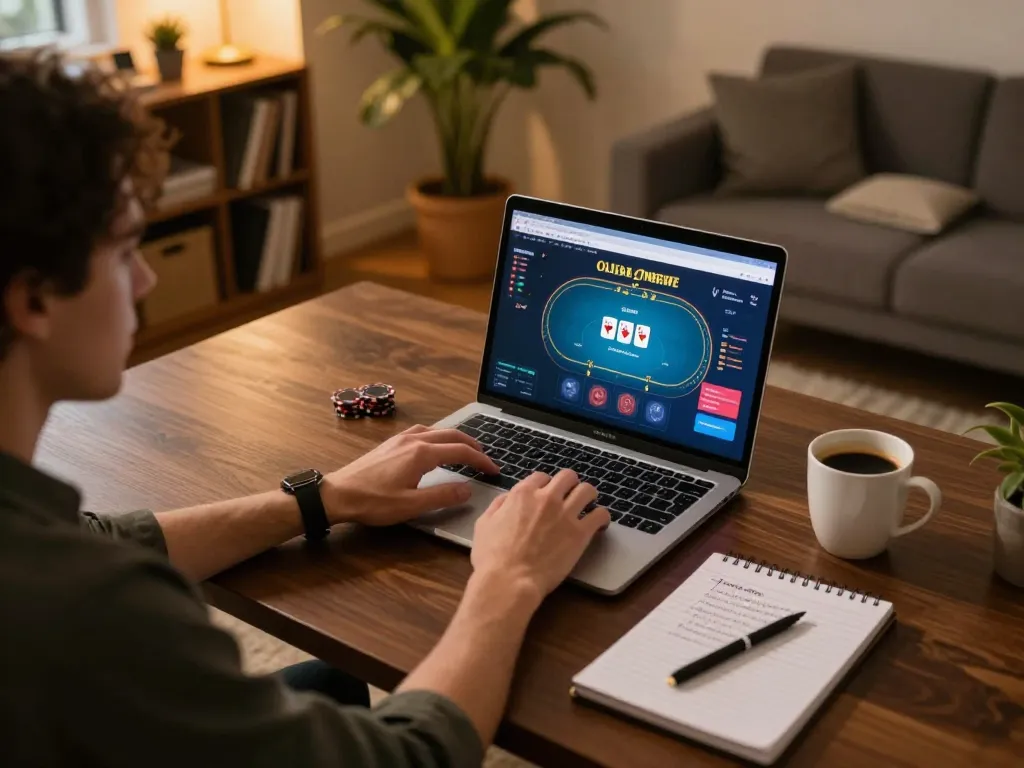 Engaging in bem88 online poker gameplay at home with a strategic setup and cozy ambiance