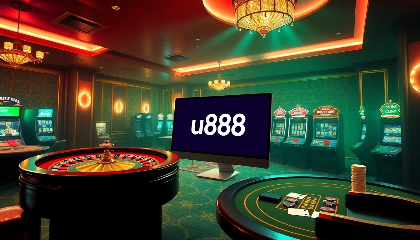Experience the excitement of u888 at a luxurious virtual casino with roulette wheels and poker tables.