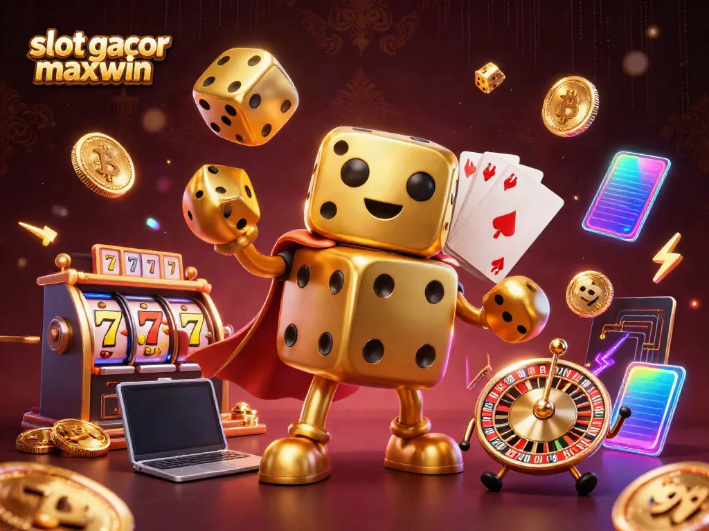 Mainkan slot gacor maxwin dengan gambar 3D golem dadu emas menjulurkan dadu dan bola roulette.