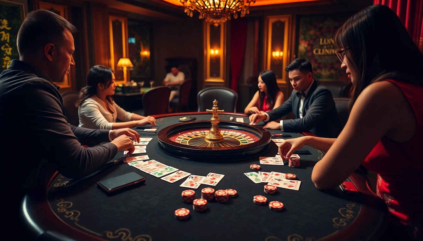 Players enjoying an exciting game with lô kép betting slips and poker chips at a vibrant casino table.