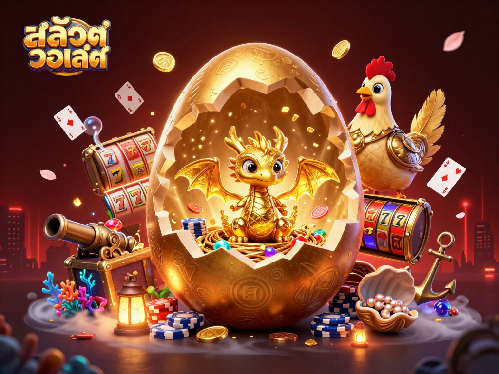 Experience exciting สล็อตวอเลท action with a golden dragon and casino elements in a vivid 3D illustration.