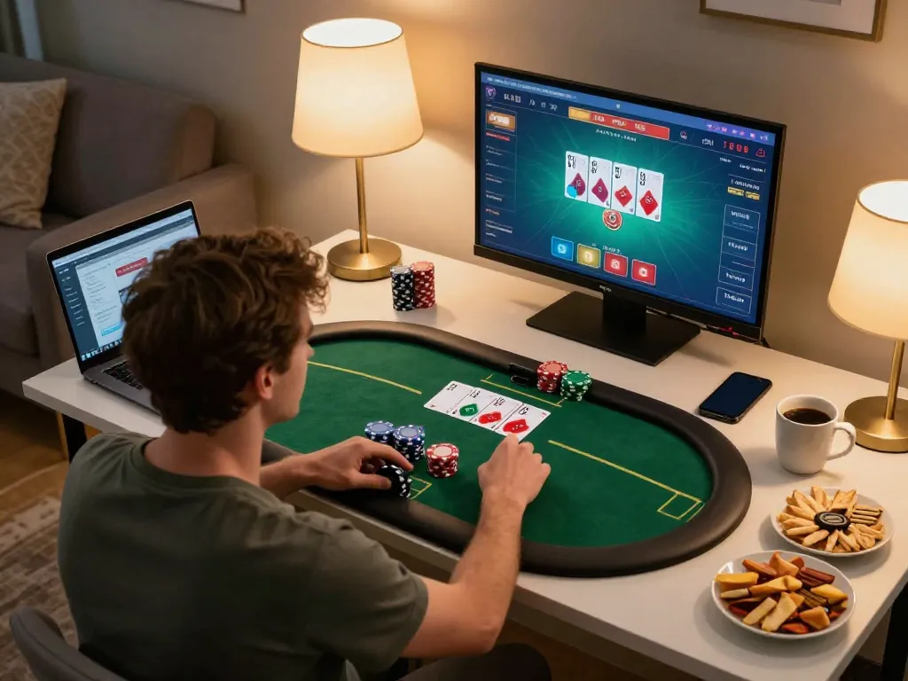Pemain strategis yang terlibat dalam kenzototo login untuk poker online di lingkungan rumah yang nyaman.