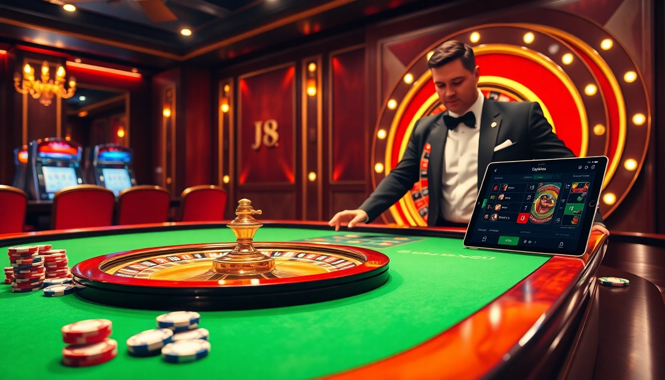 J8 casino table featuring vibrant poker chips and an engaging dealer in a luxurious atmosphere.