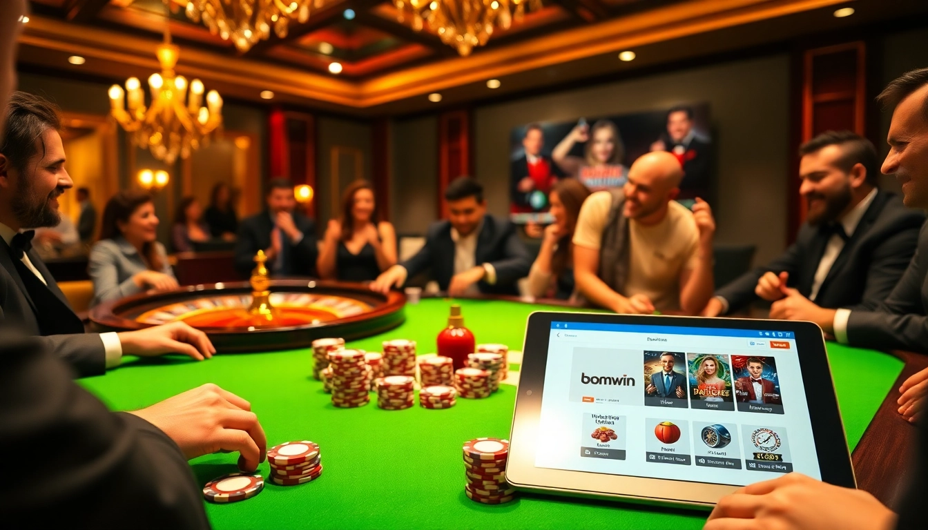 Players engaging in high-stakes poker at bomwin casino with vibrant chips and cards.
